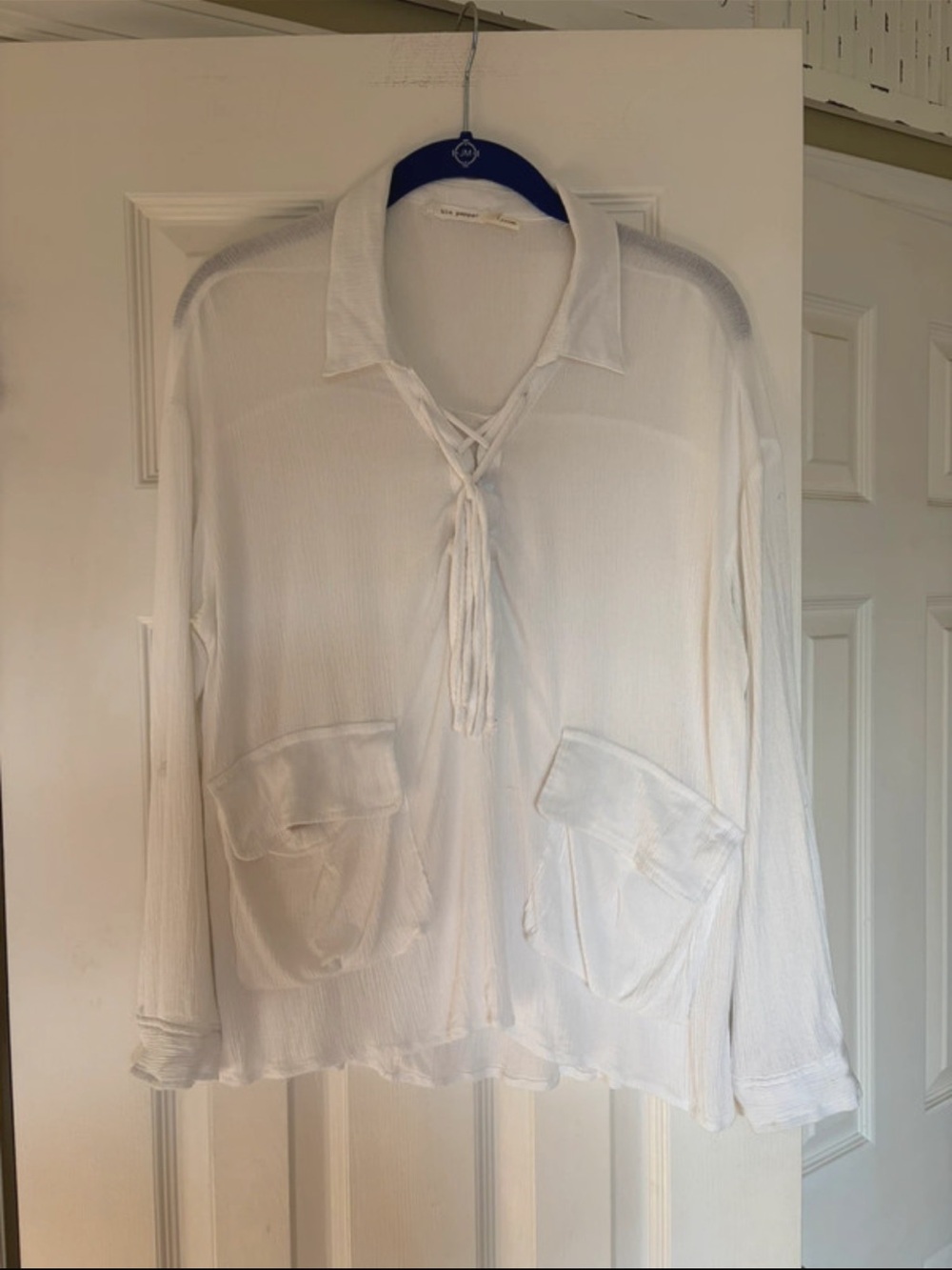 Blu Pepper White Lace-Up Gauze V-Neck Pocket Tunic Size L